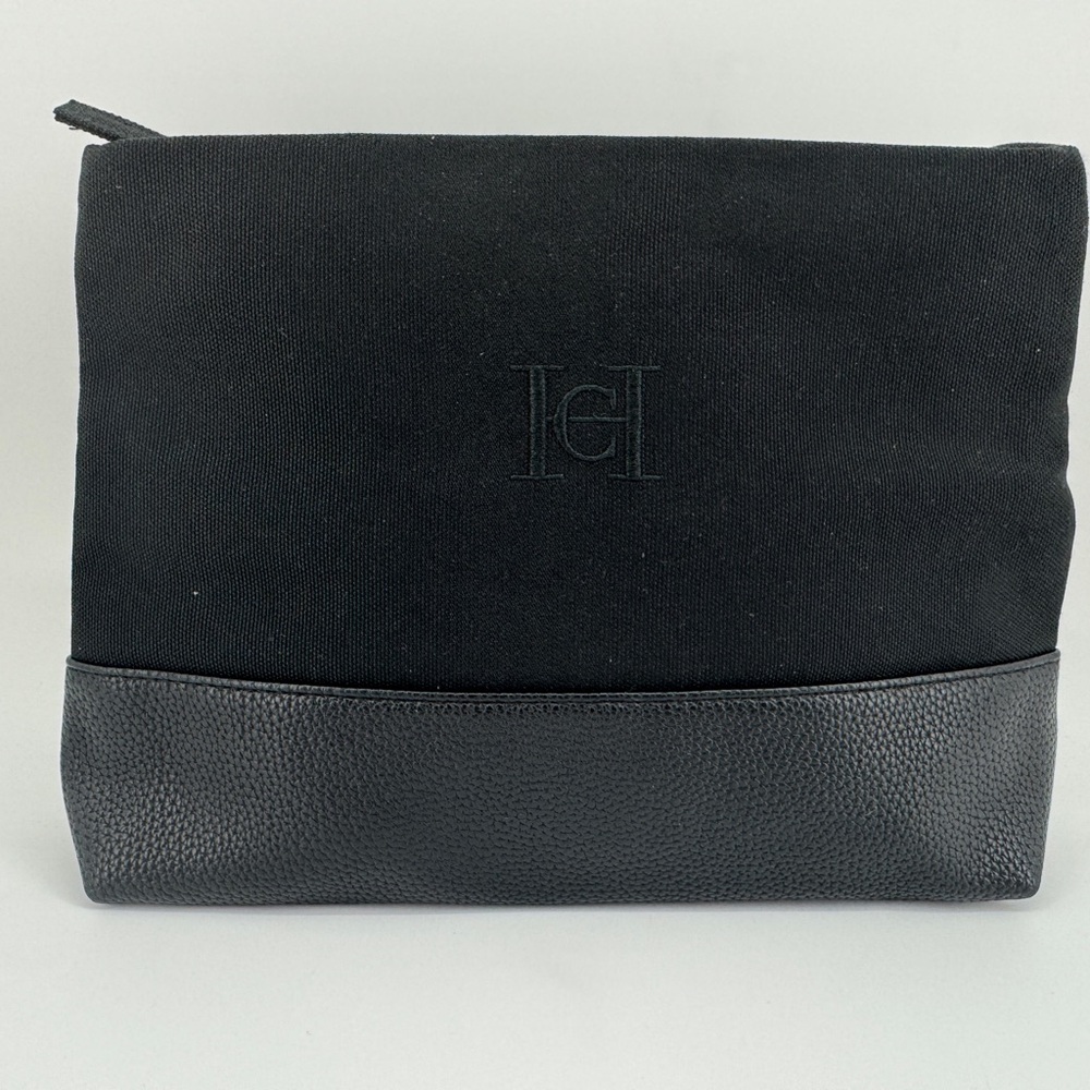 Carolina Herrera CH Black Canvas Faux Leather Toiletry Makeup Cosmetic Bag